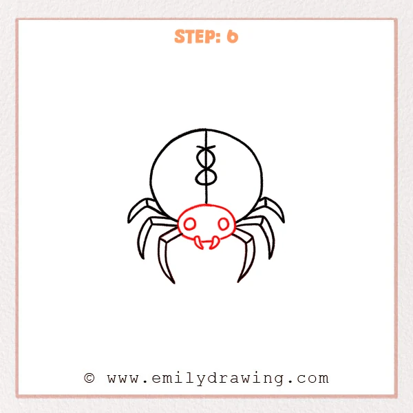 how to draw a black widow - Step 6: A small cephalothorax, eyes, and fangs complete the black widow spider drawing.